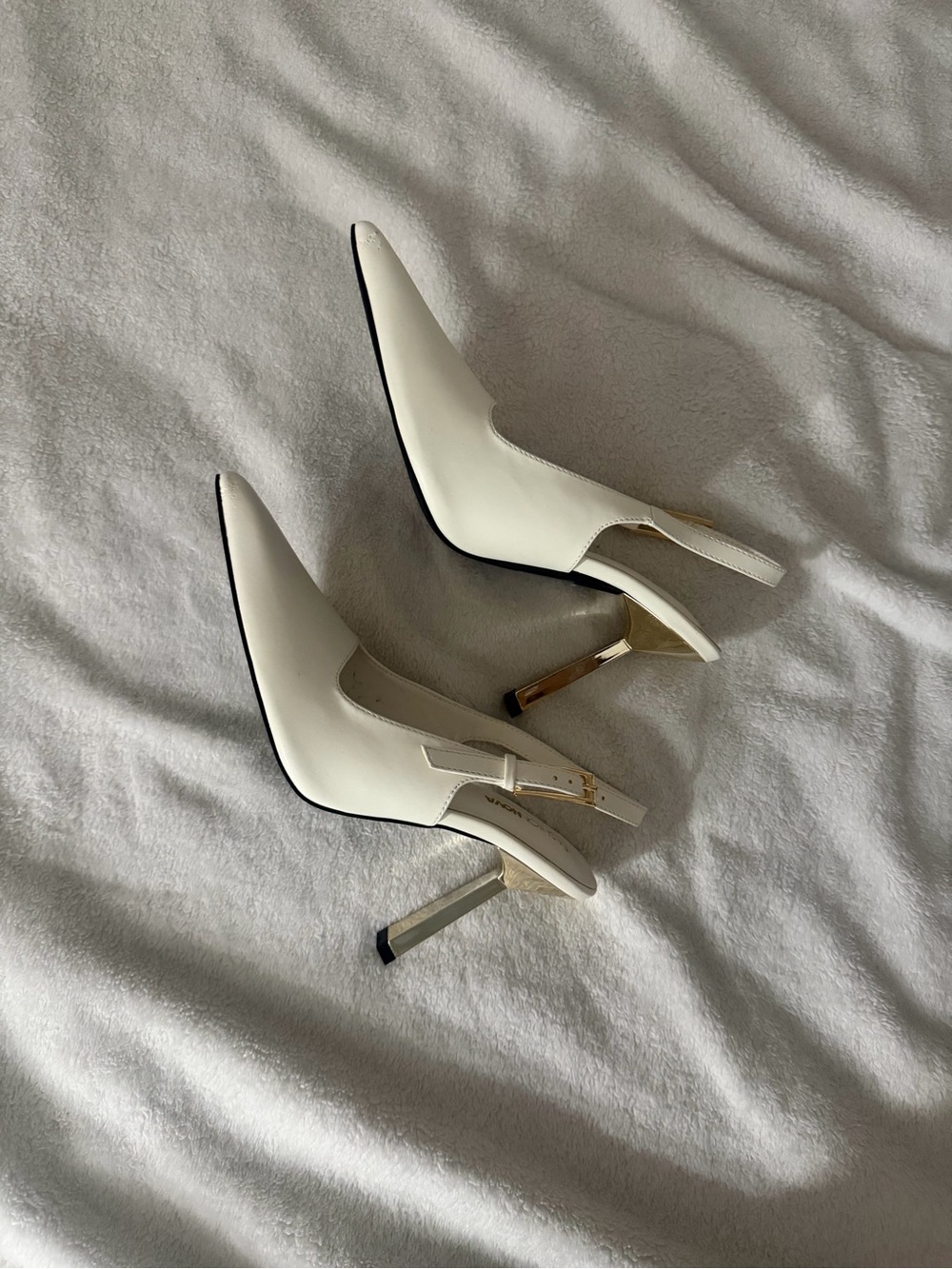 Fashion Nova White Pointed-Toe Slingback Heels with Gold & Silver Accents
